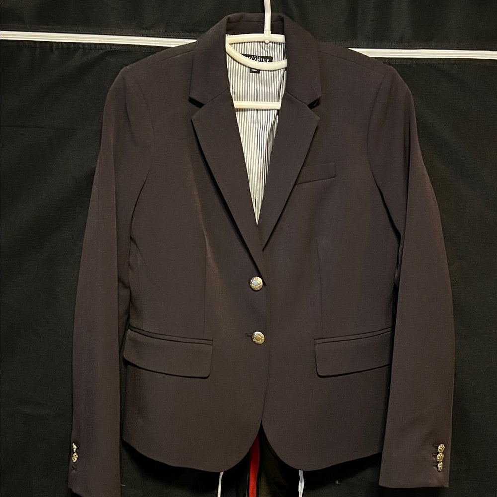 Brown J Crew Blazer with gold detailed buttons.